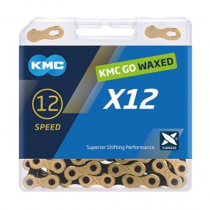 Schaltungskette KMC X12 Ti-N WAXED 1/2"x11/128",126 Gl, 12-f., gold/schwarz